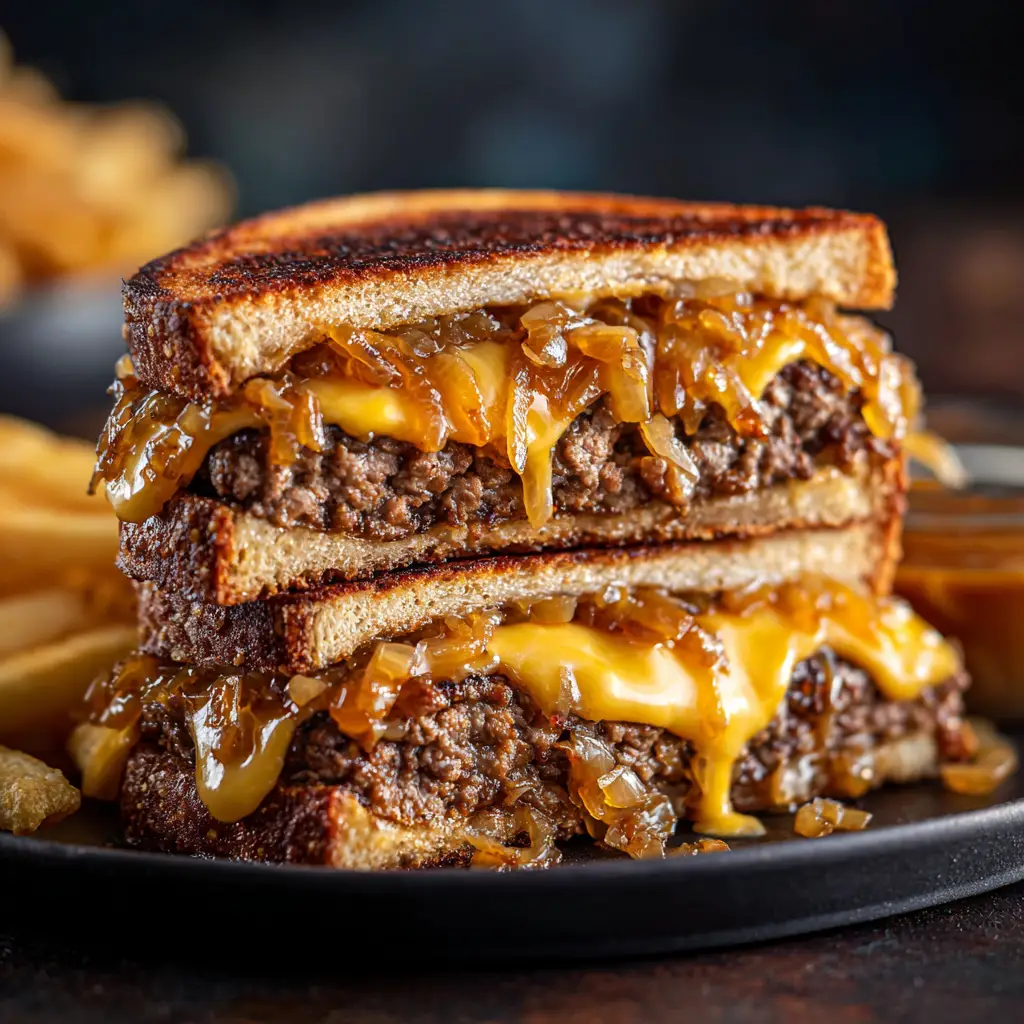 A classic patty melt with caramelized onions sitting on a plate next to a side of pickles. The bread is golden brown and perfectly toasted.