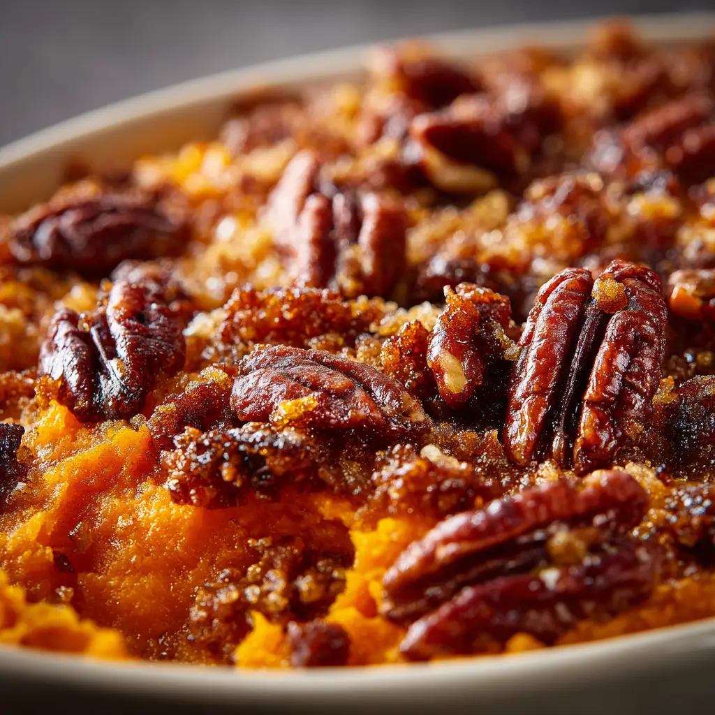 Ruth's Chris Sweet Potato Casserole: The Ultimate Copycat Recipe 1 A detailed close-up of the crunchy pecan crust topping on the sweet potato casserole before baking.