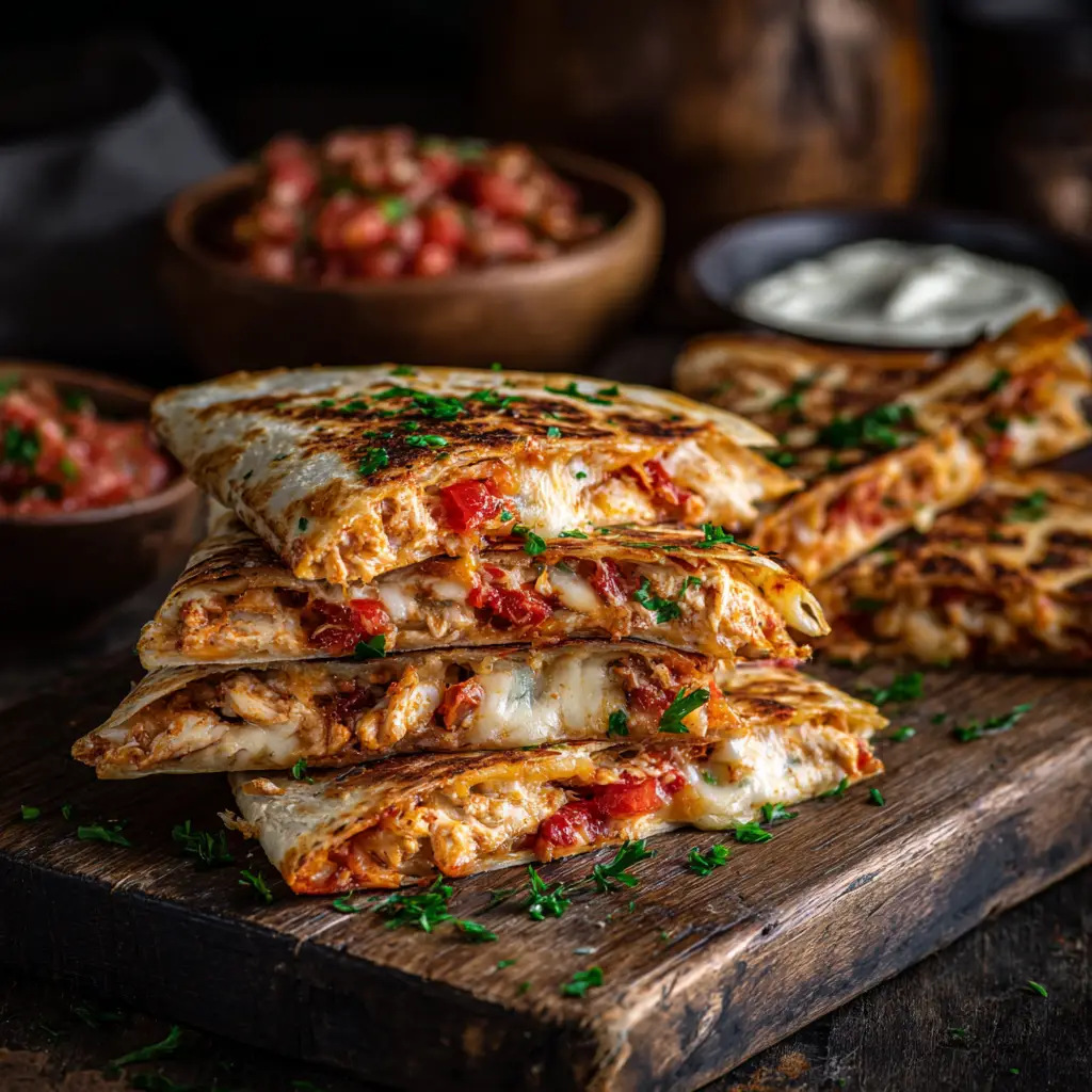 A beautifully styled plate of Italian chicken quesadillas cut into triangles and garnished with fresh basil. A small bowl of marinara dipping sauce is placed next to them.