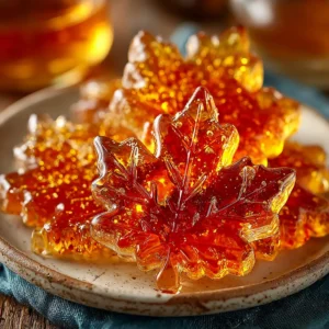 A close-up macro shot of glassy, amber-colored homemade maple syrup candy cooling in silicone leaf-shaped molds.