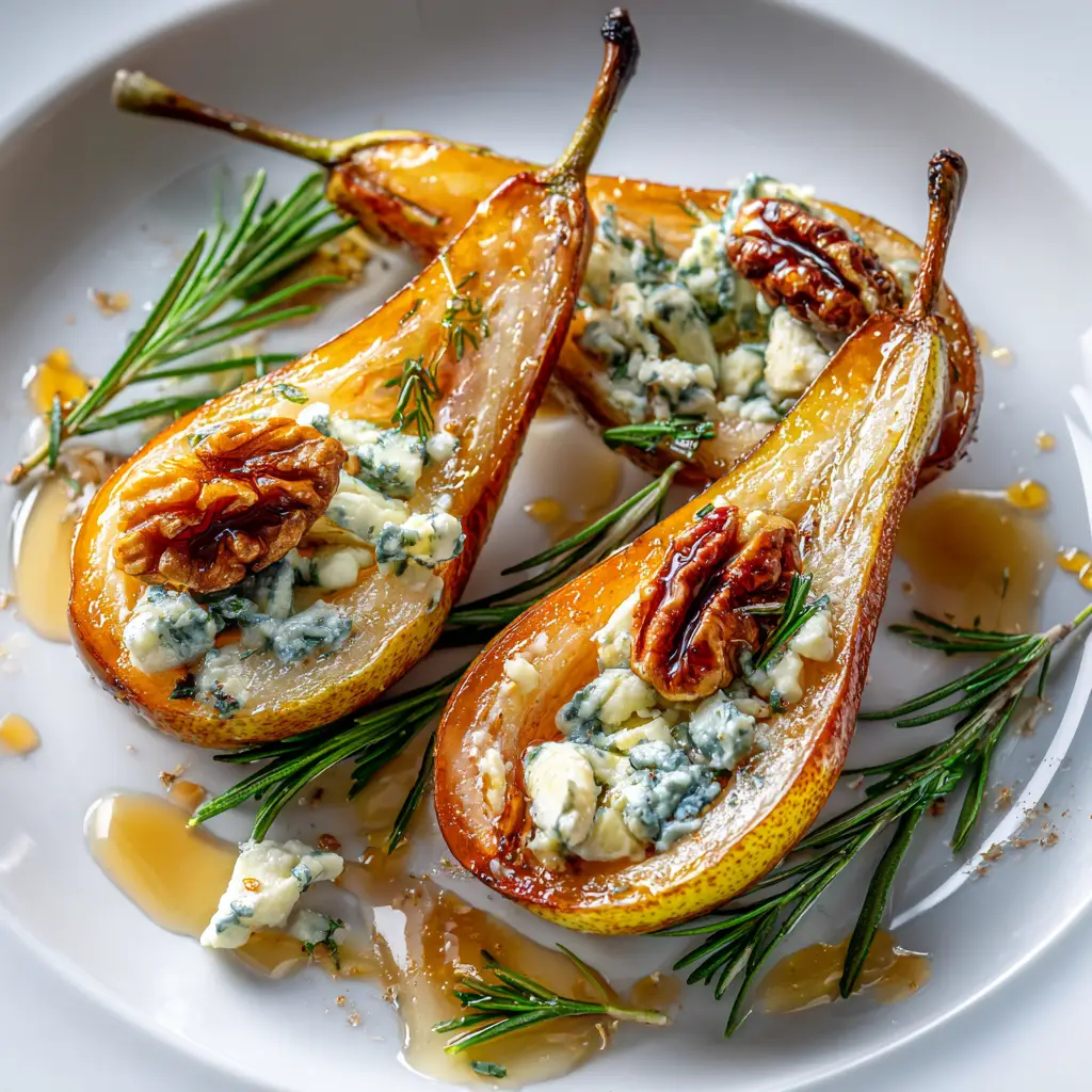 A tray of freshly prepared roasted pears with blue cheese before being served, highlighting the simple ingredients.