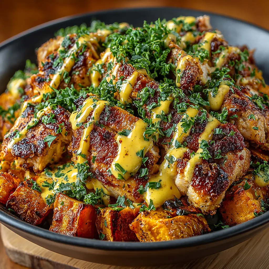 An overhead view of the components for the chicken bowls, including roasted sweet potatoes and brussels sprouts on a baking sheet.