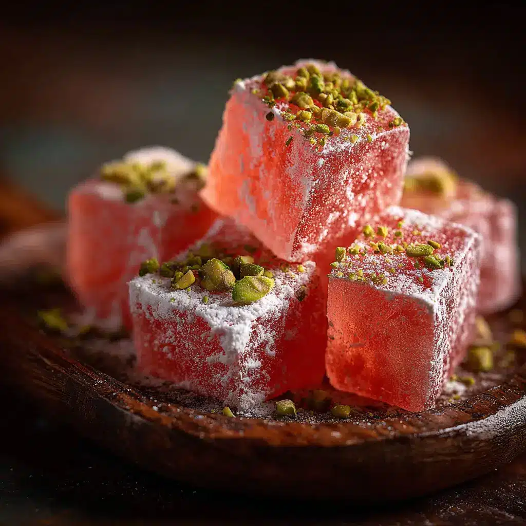A pile of rose-flavored Turkish Delight pieces ready to be served. This image showcases the final result of our easy Turkish candy recipe.