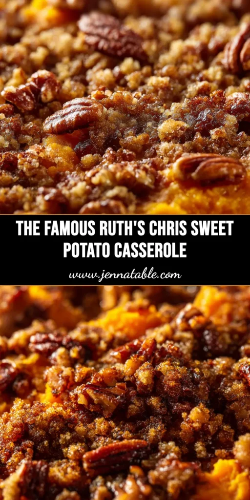 Ruth's Chris Sweet Potato Casserole: The Ultimate Copycat Recipe 3 A serving of Ruth's Chris Sweet Potato Casserole in a white bowl, showing the creamy sweet potato filling and the crunchy pecan topping.