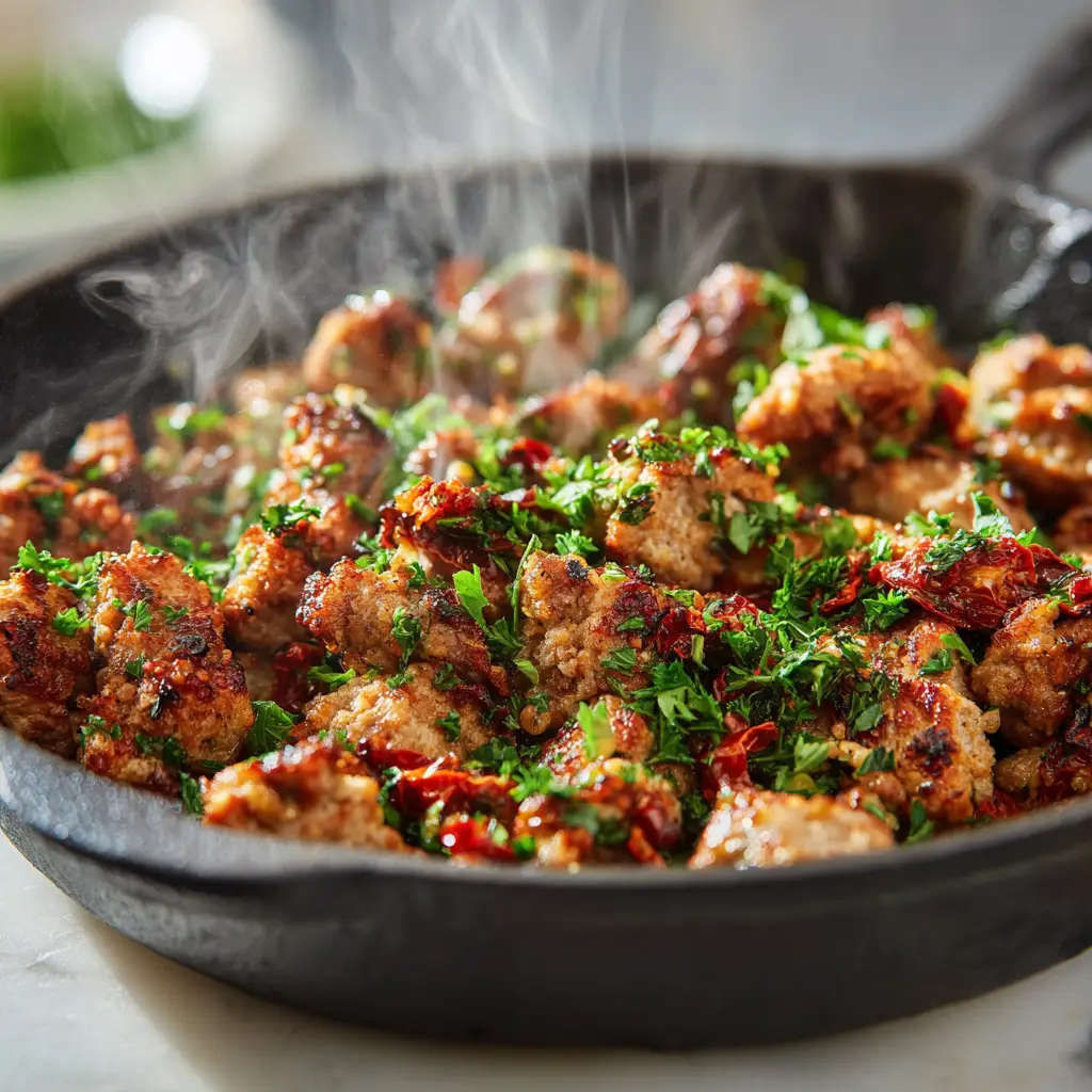 A spoonful of juicy, homemade Italian chicken sausage, highlighting the herbs and spices in the mixture. A key ingredient for a healthy sausage recipe.