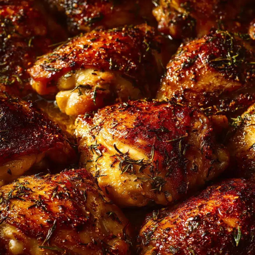 A baking sheet with seasoned, uncooked chicken thighs arranged in a single layer, ready to be placed in the oven.