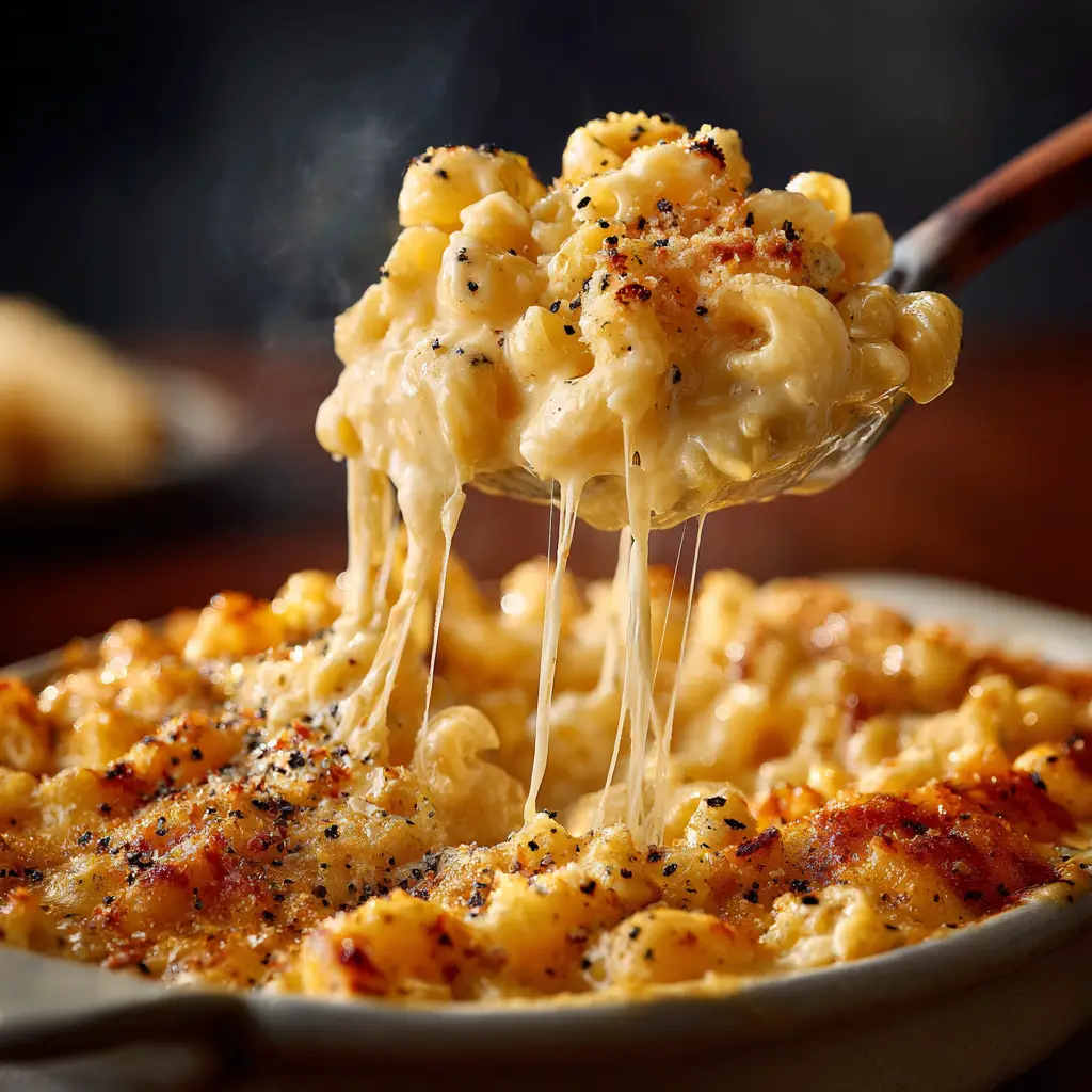 An extreme close-up shot of a spoonful of slow cooker mac and cheese, showing the gooey cheese pull.
