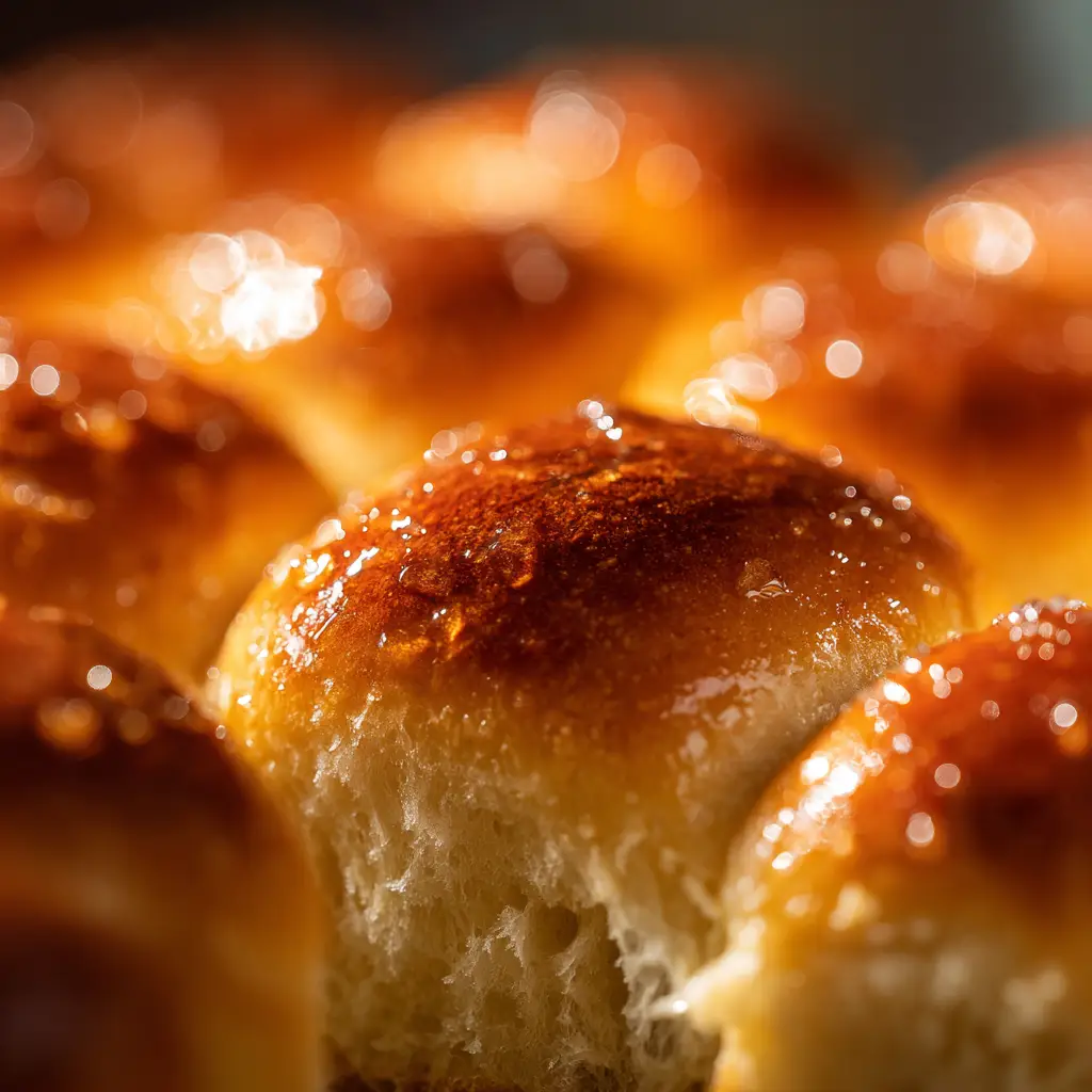 A close-up macro shot of a freshly baked quick dinner roll, showcasing its golden crust and soft texture.