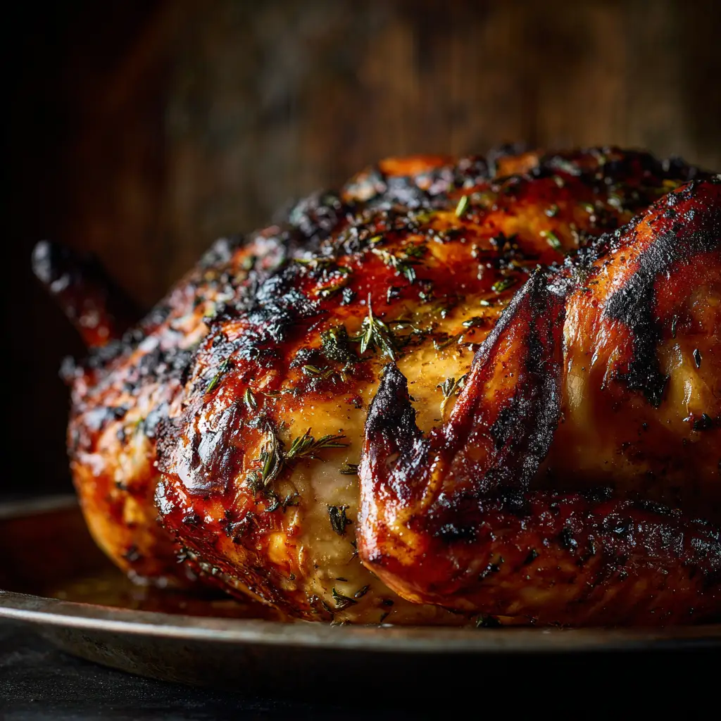 A spatchcocked turkey covered in herb butter on a baking sheet, ready to go into the oven.