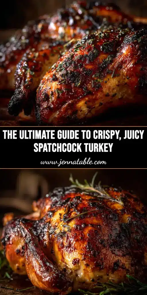 A perfectly roasted spatchcock turkey on a cutting board, surrounded by fresh herbs. The turkey is golden-brown with crispy skin, ready to be carved for a holiday meal.