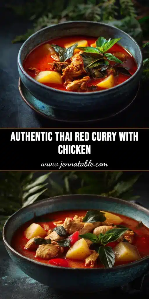 A vibrant bowl of authentic Thai red curry recipe, garnished with fresh Thai basil and red chili, served with a side of jasmine rice. Perfect for saving to your dinner board on Pinterest.