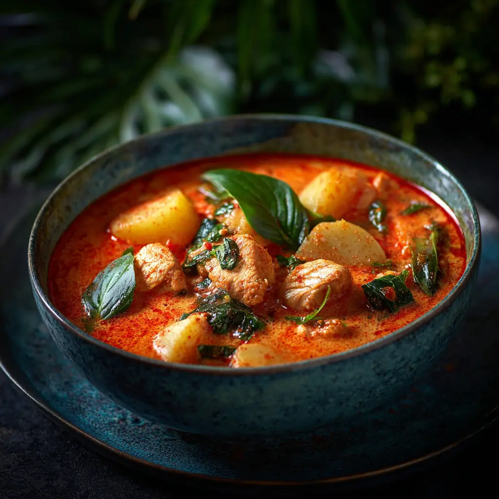An overhead view of a completed bowl of Thai Red Curry, garnished with fresh Thai basil and served next to a bowl of fluffy jasmine rice, ready to eat.
