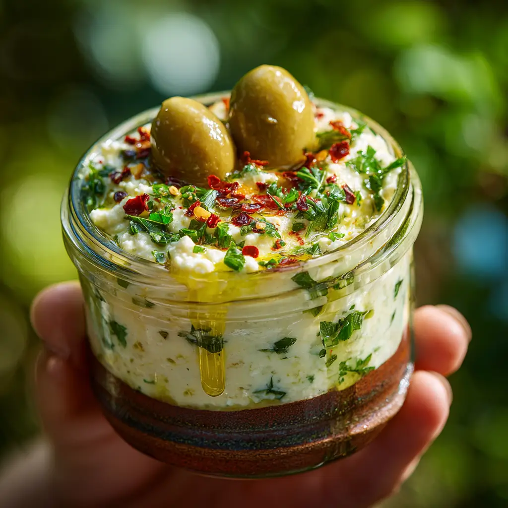 A beautiful serving bowl of whipped feta and olive dip, surrounded by fresh vegetables like carrots and cucumber for dipping.