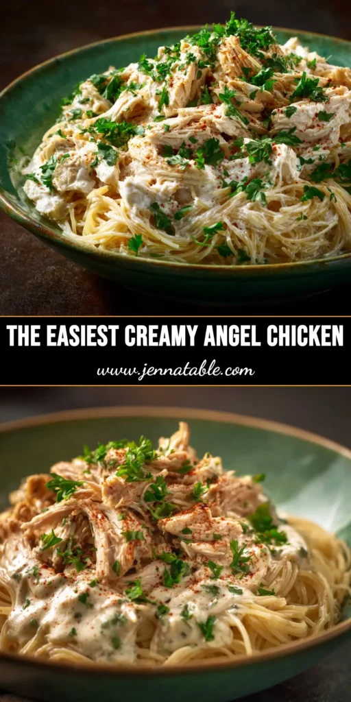 A close-up shot of a delicious Angel Chicken Recipe in a white bowl, showing creamy sauce coating angel hair pasta and tender chicken, garnished with fresh parsley.