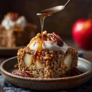 A close-up shot of a thick square of apple cinnamon baked oatmeal in a rustic baking dish, showcasing the tender apple chunks and golden-brown top.