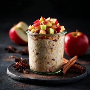 The simple ingredients for apple pie overnight oats, including rolled oats, a fresh apple, cinnamon sticks, and a jar of milk, arranged on a rustic wooden surface.