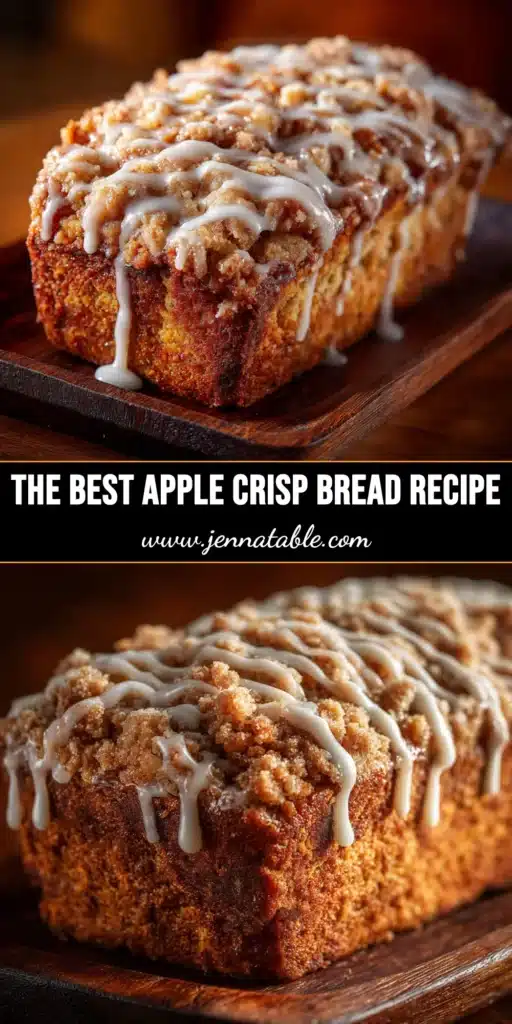 A beautiful hero shot of a sliced loaf of apple crisp bread, showcasing the moist interior and crunchy streusel topping. A slice is plated next to the loaf.