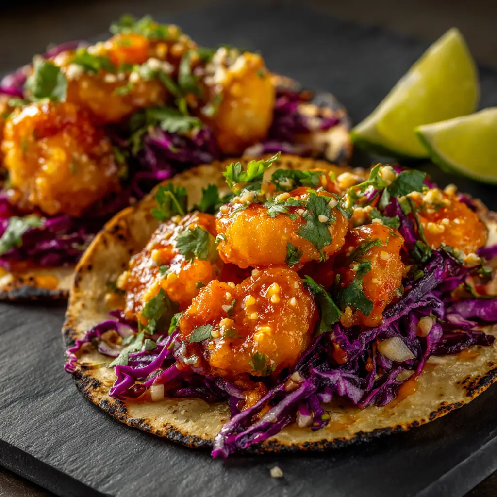 Assembling the spicy shrimp tacos by adding the saucy bang bang shrimp on top of a bed of fresh coleslaw in a soft tortilla.