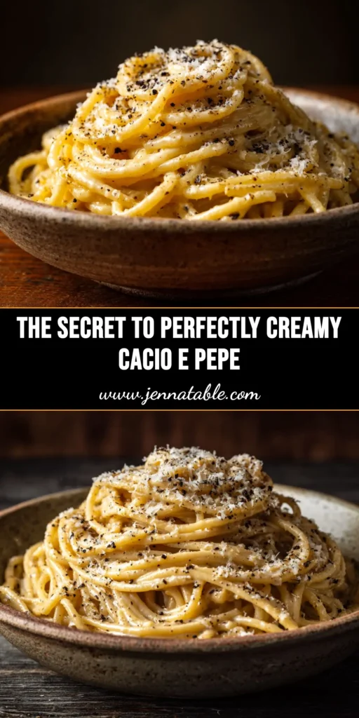An overhead shot of a white bowl filled with creamy Cacio e Pepe pasta, garnished with black pepper. The image has text overlay reading 'Authentic Cacio e Pepe Recipe'.