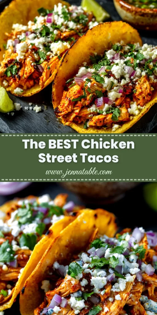 An overhead shot of authentic chicken street tacos on a wooden board, loaded with seasoned chicken, fresh cilantro, and diced onions.