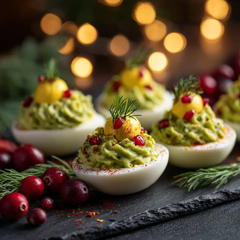 A close-up of creamy avocado and egg yolk filling for Christmas deviled eggs being mixed in a bowl.