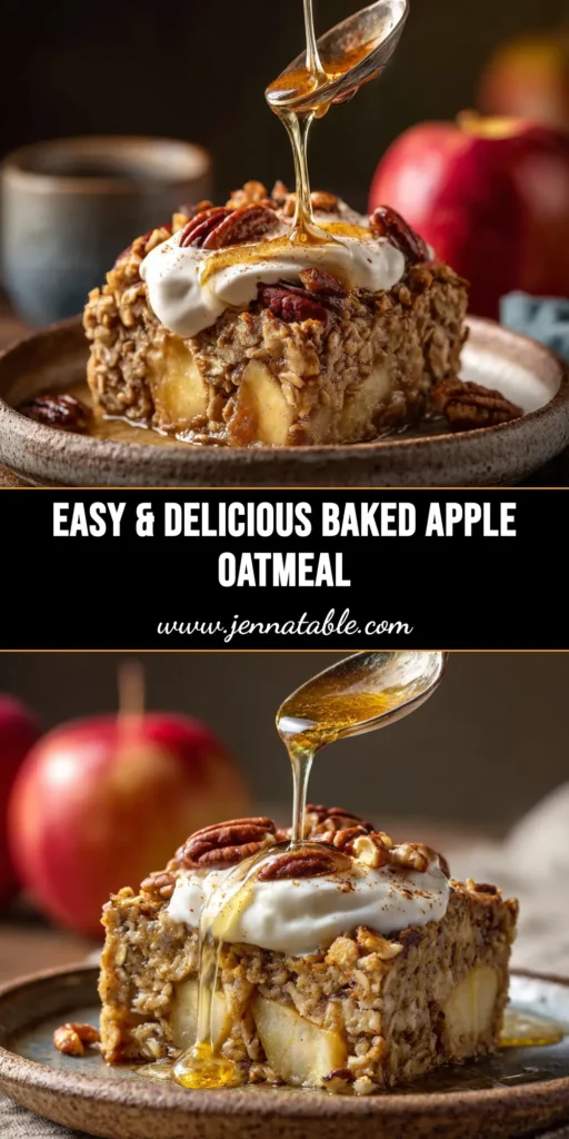 A serving of delicious Baked Apple Oatmeal in a white bowl, topped with fresh apple slices and a drizzle of maple syrup. The perfect healthy breakfast bake.