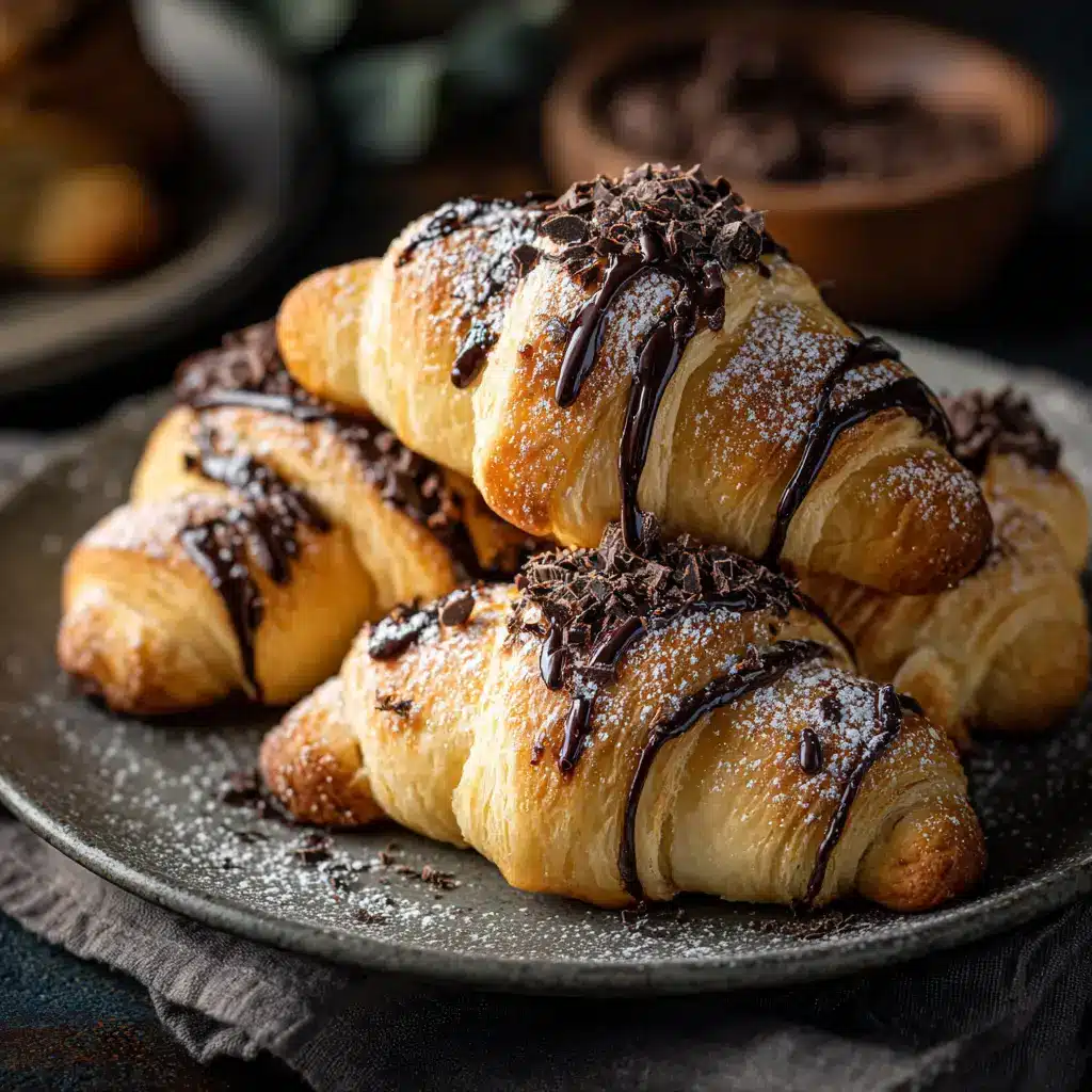 A stack of freshly baked chocolate crescent rolls on a cooling rack, showcasing their flaky, golden-brown texture.