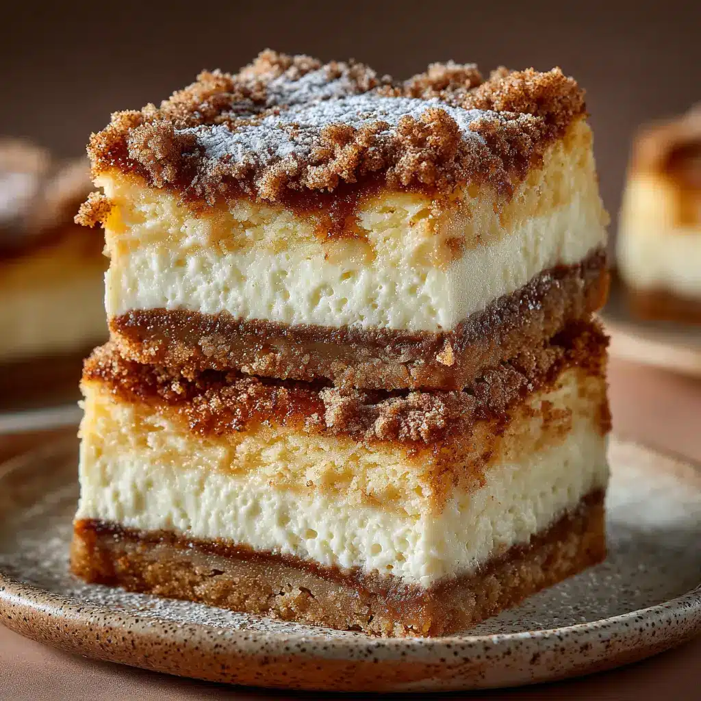 A top-down view of freshly baked churro cheesecake bars in a baking dish, cut into neat squares and ready to be served.
