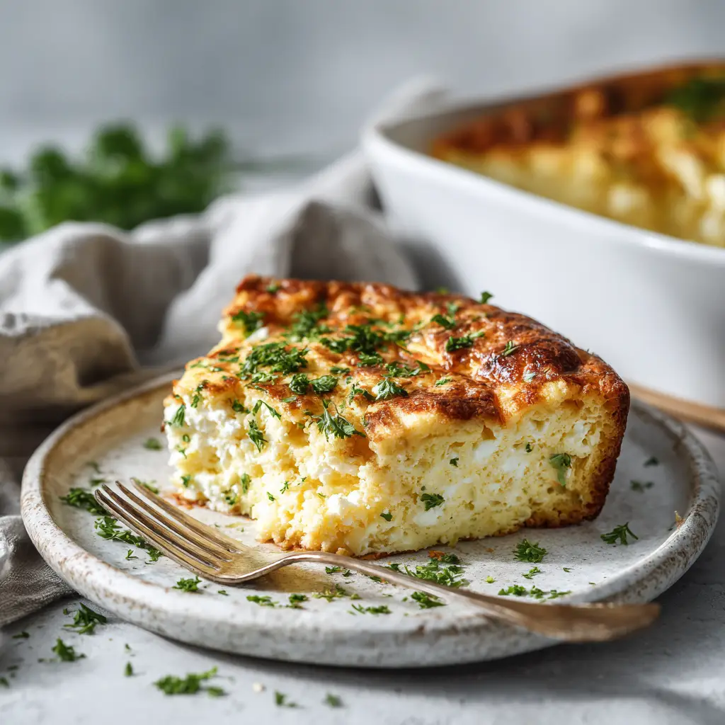 The full cottage cheese egg casserole fresh out of the oven in a 9x13 baking dish, golden brown and ready to be sliced.