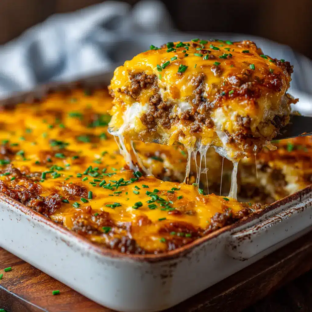 The full hamburger hashbrown casserole in a baking dish just out of the oven, garnished with fresh parsley.