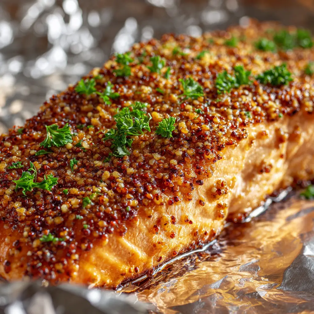 A close-up of a perfectly baked honey mustard salmon fillet on a plate, garnished with fresh parsley. The glaze is golden brown and caramelized.