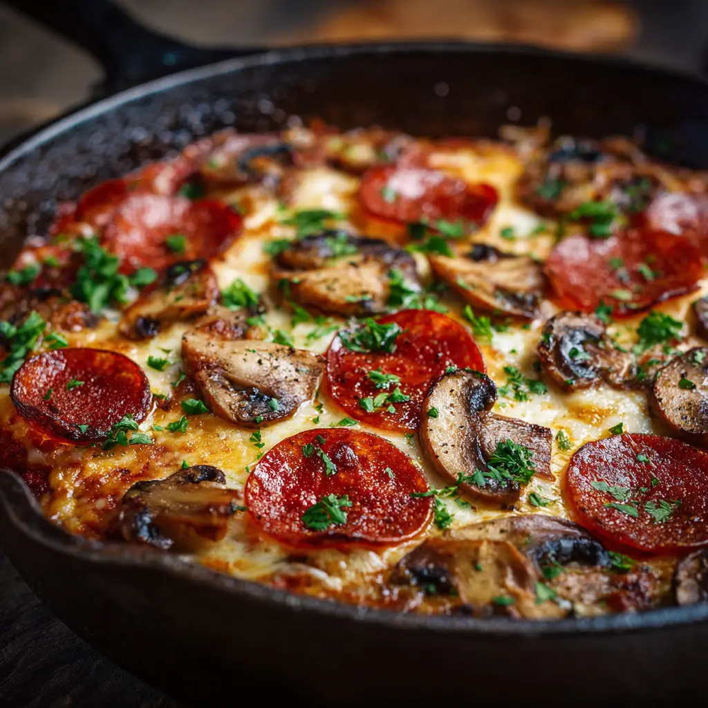 The Low Carb Pizza Casserole baking in a rustic cast iron skillet, with golden brown cheese and perfectly crisped pepperoni.