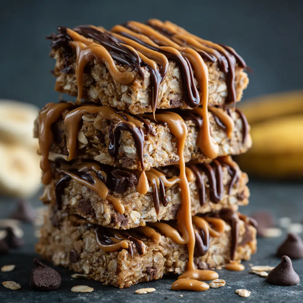 An overhead view of freshly baked banana oat bake cut into squares in a baking pan, ready to be served as a delicious snack.