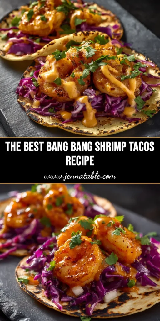 A platter of delicious Bang Bang Shrimp Tacos, with crispy fried shrimp tossed in a creamy spicy sauce and topped with fresh cilantro, ready to be eaten.