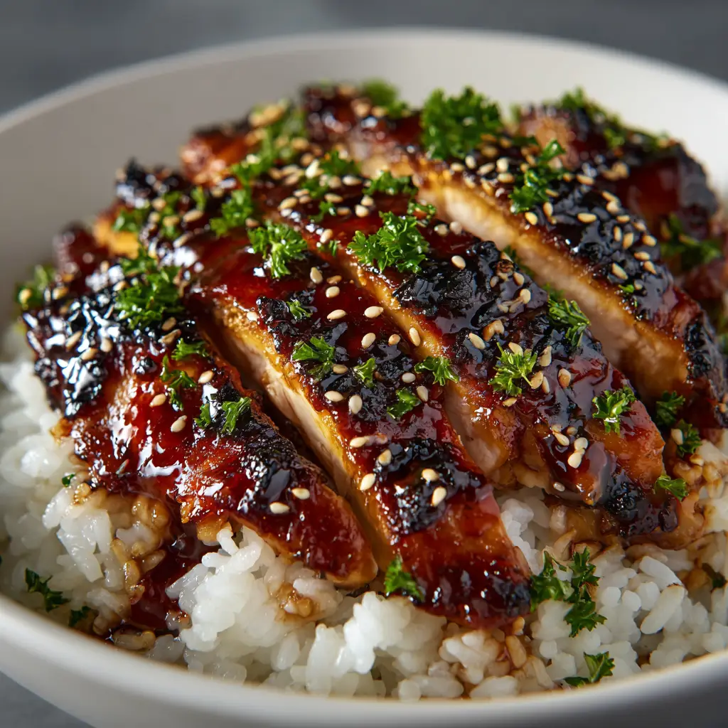 A serving of the BBQ chicken rice bowl, showcasing the fluffy rice and tender chicken pieces mixed together, ready to eat.