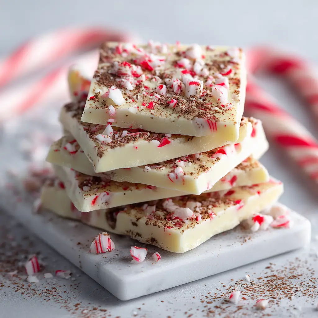 A hand holding a piece of peppermint bark, demonstrating the clean snap of the holiday candy.