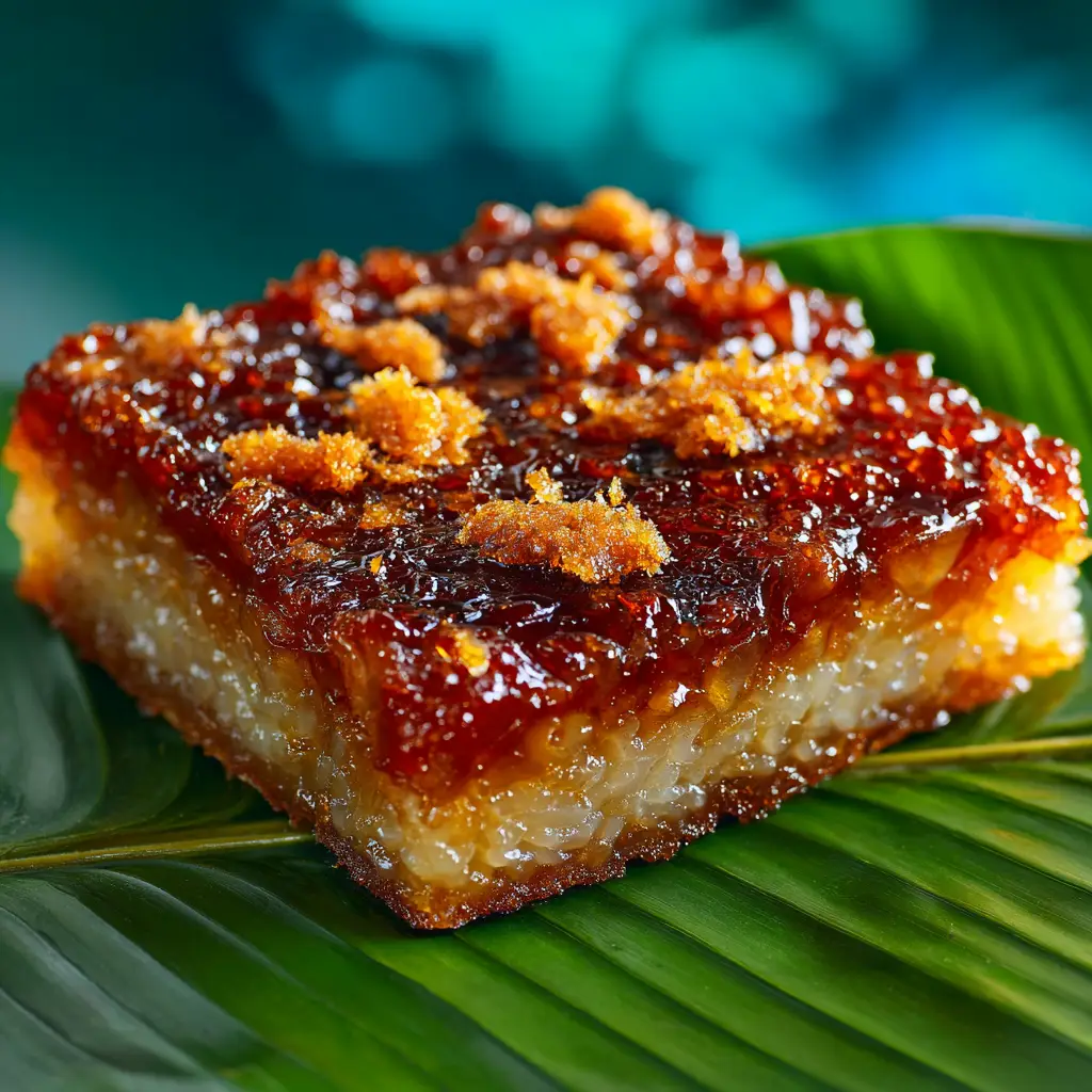 A beautifully presented pan of freshly made Biko, garnished with a generous topping of crispy, golden-brown Latik.