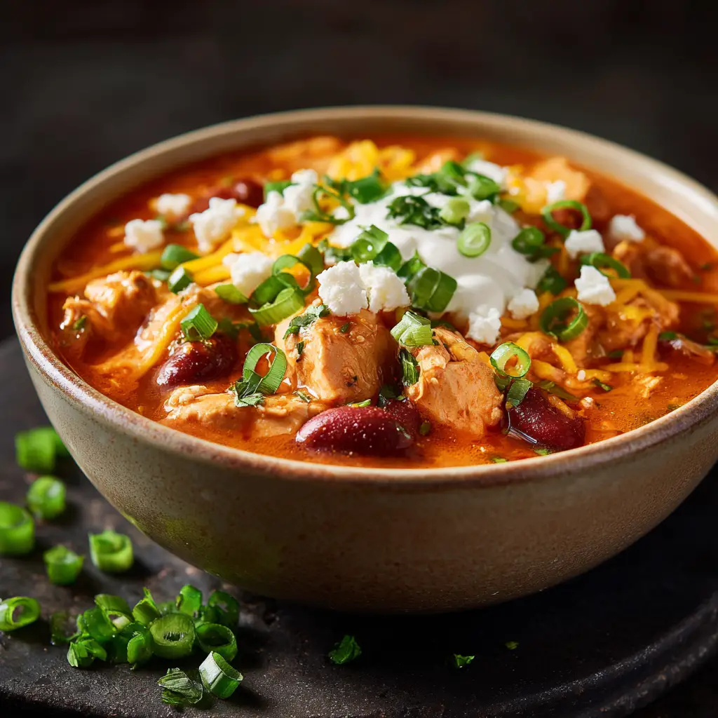A beautiful bowl of finished buffalo chicken chili ready to be served, topped with green onions.