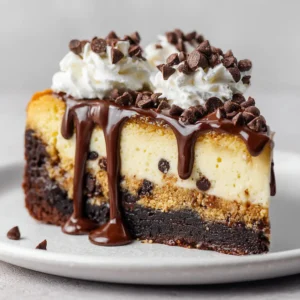 A close-up shot of the fudgy brownie base and creamy cheesecake filling layers of the brownie bottom cheesecake, highlighting the rich textures.