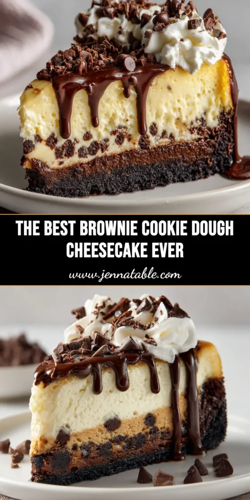 A perfect slice of Brownie Bottom Cookie Dough Cheesecake on a white plate, showcasing the three distinct layers: a dark brownie base, a creamy white cheesecake middle, and a top layer of cookie dough with chocolate chips.