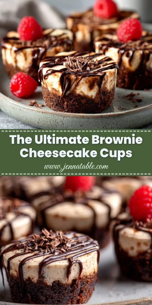 An overhead shot of decadent Brownie Cheesecake Cups arranged on a platter. The rich, dark brownie base contrasts beautifully with the creamy white cheesecake topping, making for an irresistible dessert.