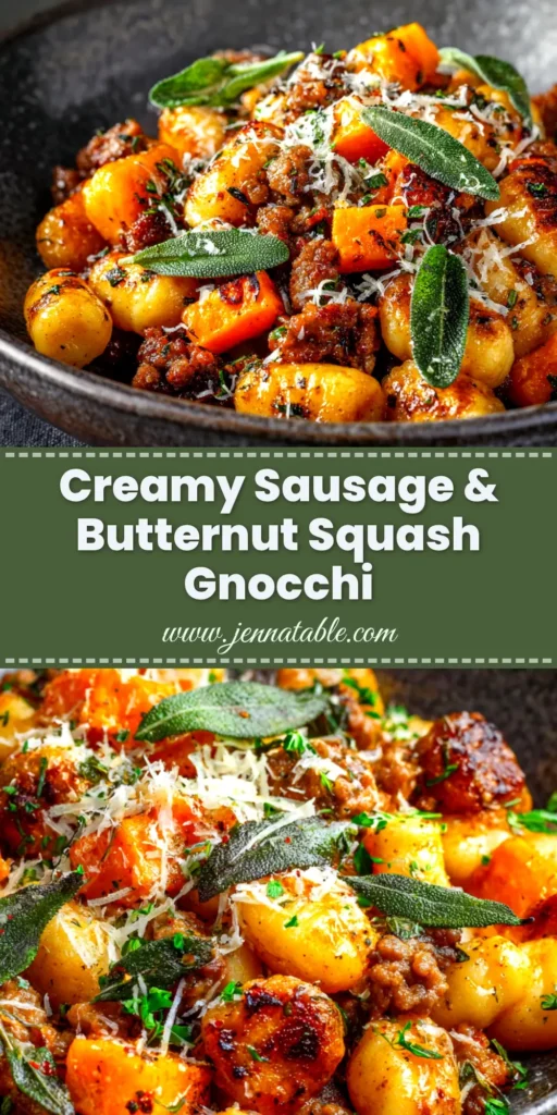 Butternut Squash and Sausage Gnocchi in a white bowl, a perfect easy fall dinner recipe. The dish is creamy and topped with fresh sage.