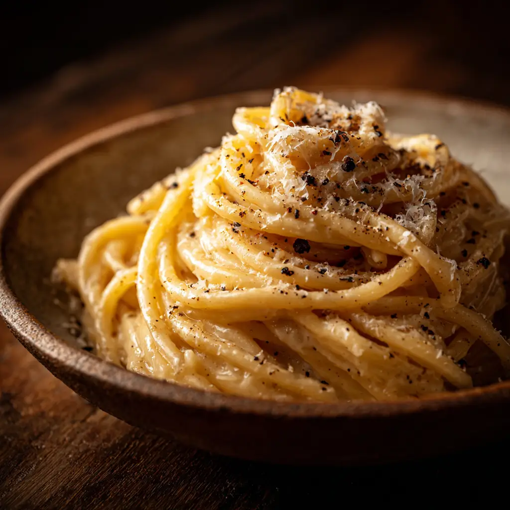 A fork twirling a bite of spaghetti with Cacio e Pepe sauce, highlighting the dish's rich and appealing texture. The background is softly blurred.