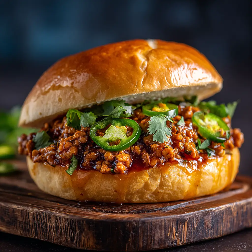 A finished Cajun Chicken Sloppy Joe sandwich, open-faced on a brioche bun, garnished with fresh parsley.