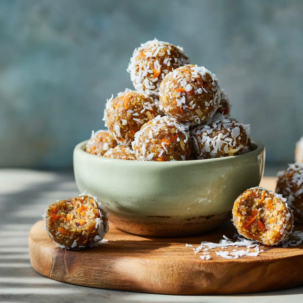 A collection of carrot cake protein bites arranged on a piece of parchment paper, highlighting their simple, homemade quality.