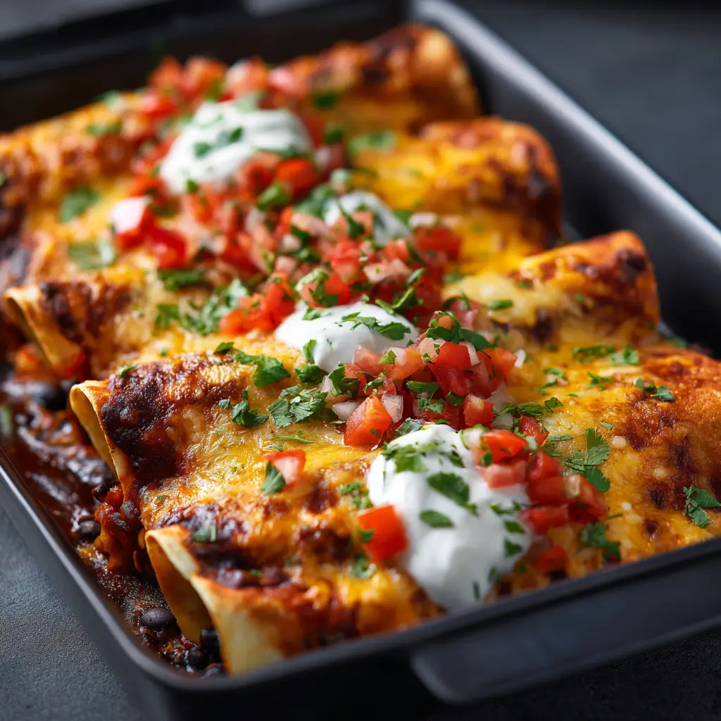 A single serving of cheesy black bean enchiladas on a plate, topped with sour cream and fresh cilantro.