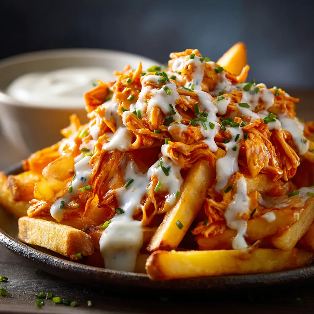 A side view of cheesy buffalo chicken fries in a black skillet, highlighting the layers of crispy fries, shredded chicken, and melted cheddar cheese before toppings are added.