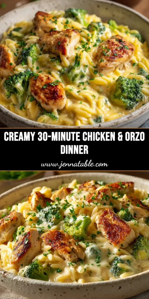 A close-up overhead shot of a skillet filled with creamy Cheesy Chicken Broccoli Orzo, ready to be served. A serving spoon is resting in the pan.
