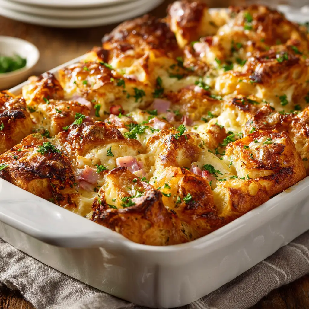 A slice of the cheesy croissant casserole on a white plate, revealing the rich, custardy interior and layers of ham and cheese.