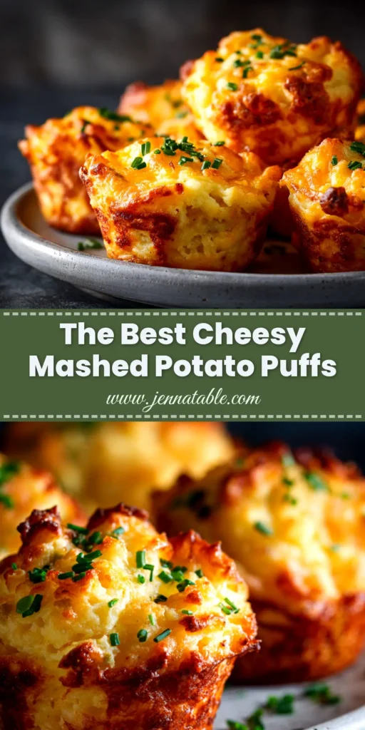 Cheesy Mashed Potato Puffs (The Ultimate Crispy & Melty Recipe) 4 A tall pin image showing a bowl of golden brown Cheesy Mashed Potato Puffs, with one cut open to reveal the melted, gooey cheese center.